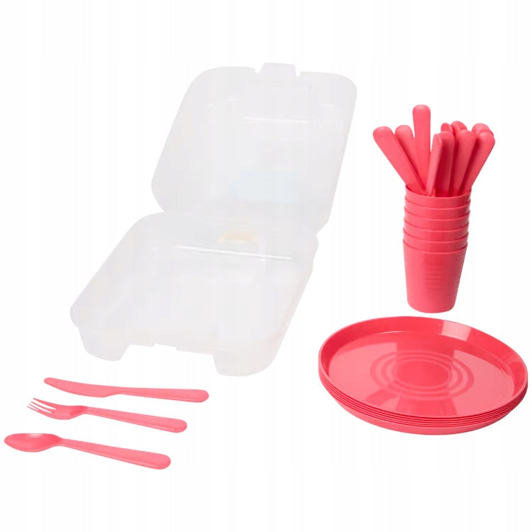 DECENT PICNIC SET IN A BOX CUTLERY DISHES PLASTIC CASE 31el. Color pink