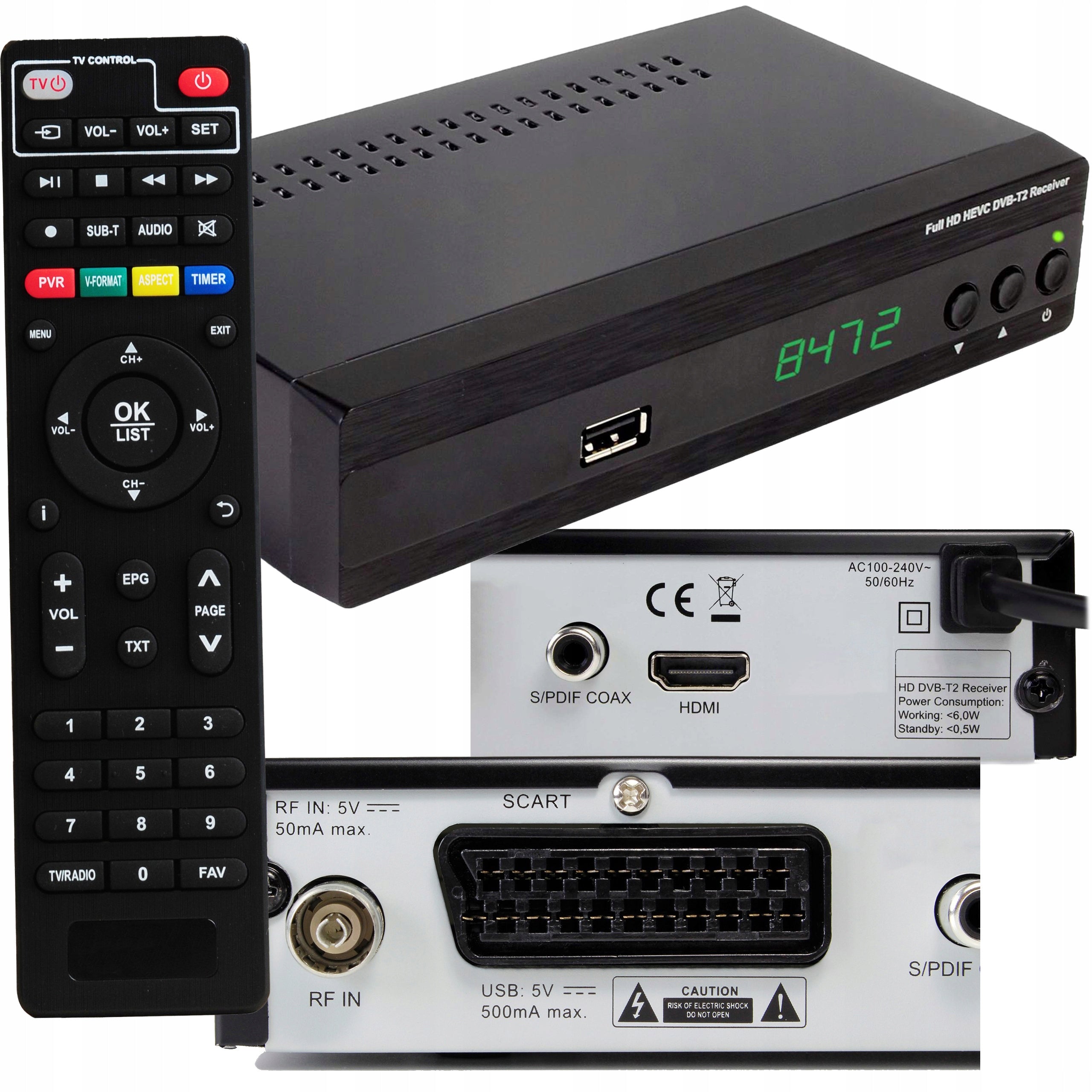 DECODER DVB-T2 FULL HD TV TERRESTRIAL HEVC H.265 TUNER HDMI SCART USB REMOTE CONTROL