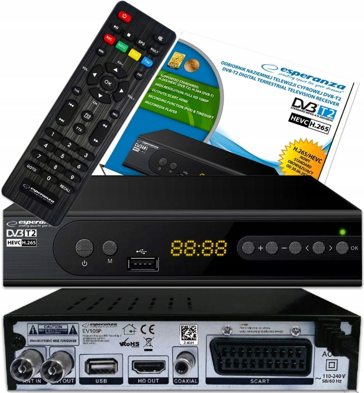DECODER TERRESTRIAL TV TUNER HD DVB-T2 HEVC H.265 DISPLAY + REMOTE CONTROL