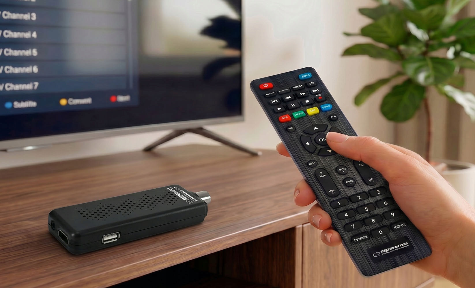 DECODER TUNER HD DVB-T2 HEVC H.265 MINI STICK REMOTE CONTROL TERRESTRIAL TV Manufacturer code EV109R