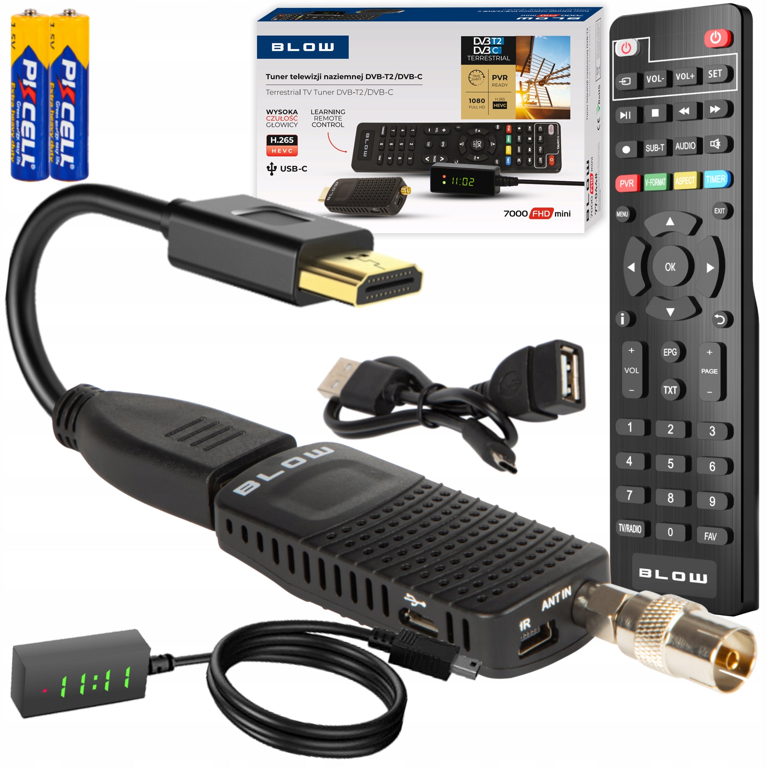 DECODER TUNER TV DVB-T2 HEVC H.265 FULL HD MINI STICK REMOTE CONTROL BATTERIES SET