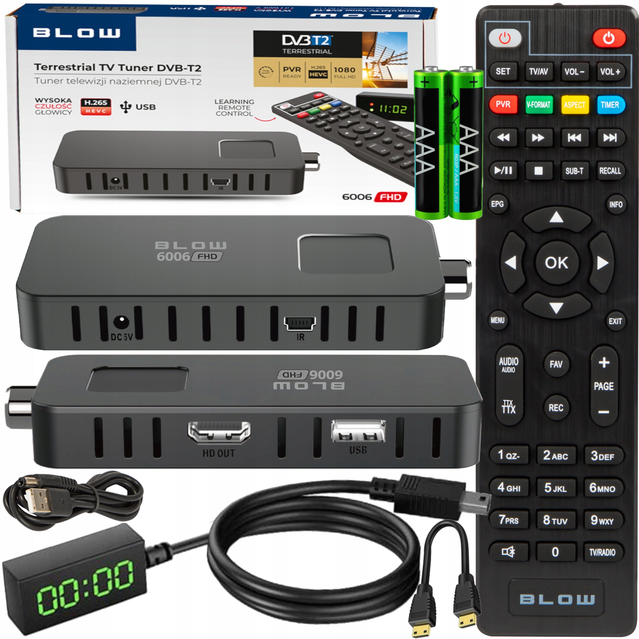 DECODER TUNER TV DVB-T2 HEVC H.265 FULL HD MINI STICK REMOTE CONTROL SET HDMI USB