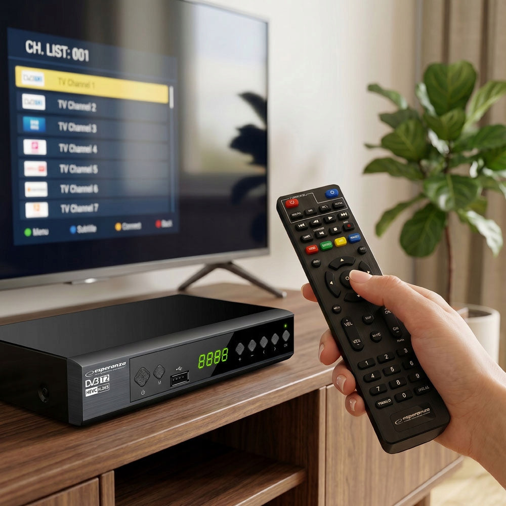 DECODER TV TUNER FOR TERRESTRIAL TV HD DVB-T2 HEVC H.265 REMOTE CONTROL Packaging status original