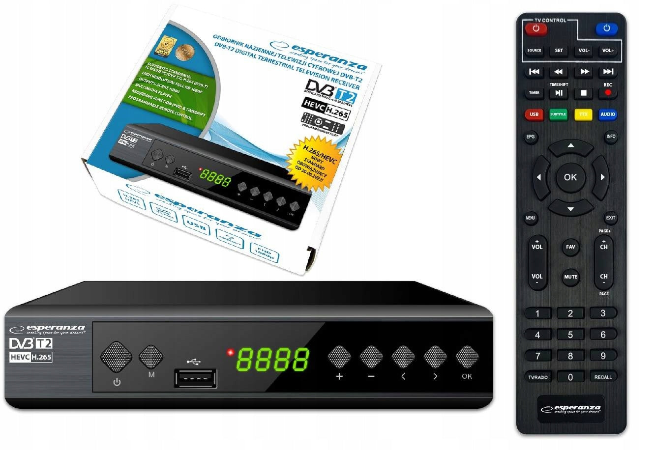 DECODER TV TUNER FOR TERRESTRIAL TV HD DVB-T2 HEVC H.265 REMOTE CONTROL