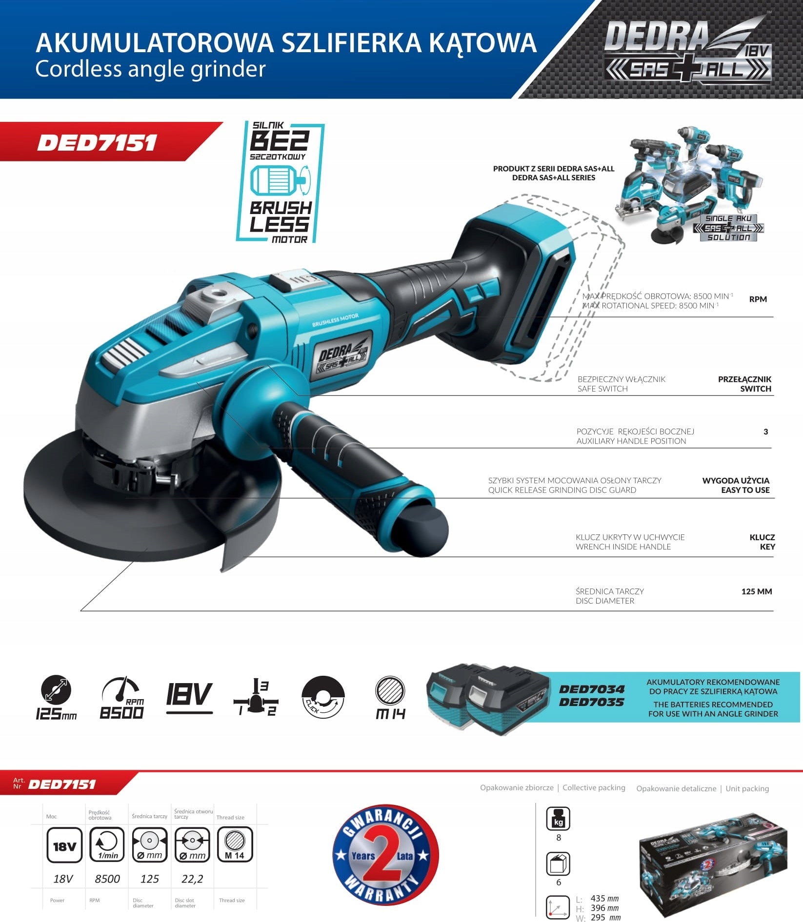 DEDRA Angle grinder 125mm aku SAS 18V DED7151 Brand Dedra