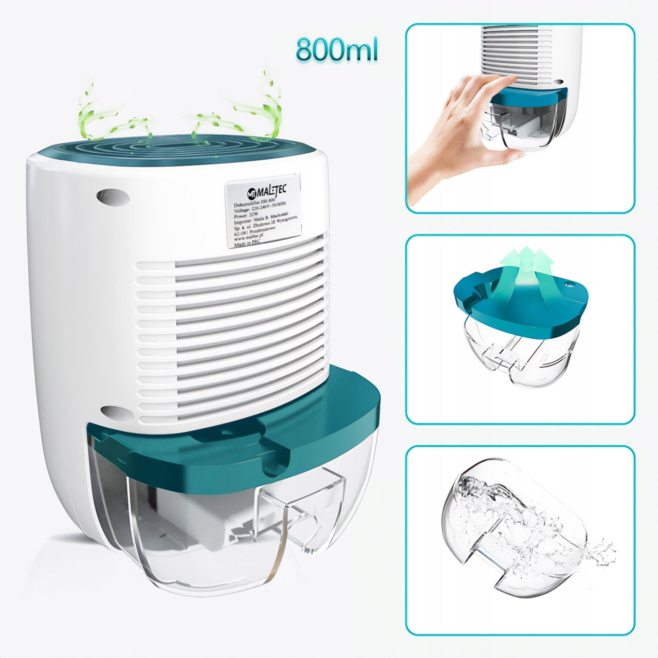 DEHUMIDIFIER MOISTURE ABSORBER QUIET EFFICIENT MALTEC 0,8L Dominant color white