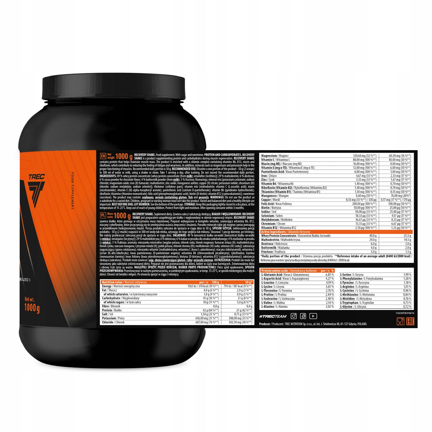 DELICIOUS DRINK FOR REGENERATION AFTER TRAINING Trec Recovery Shake 1000g Endurance Manufacturer code REGENERACJA BIAŁKO GAINER WĘGLOWODANY PROTEIN