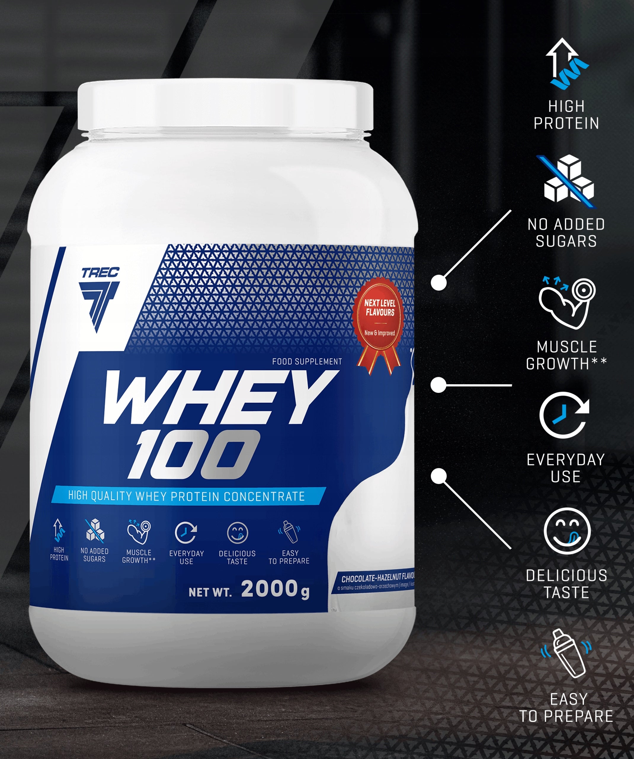 DELICIOUS WPC WHEY PROTEIN Trec Whey 100 2000g PROTEINS MUSCLES FOR MASS Expiration date at least six months from the date of purchase