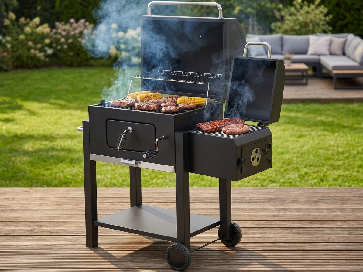 DELUXE CHARCOAL GARDEN GRILL WITH LID AND THERMOMETER WITH SMOKEHOUSE LUND Manufacturer code LUND99925