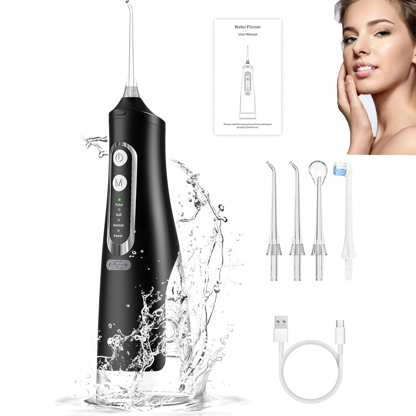 DENTAL IRRIGATOR 4 NOZZLES WIRELESS ORAL IRRIGATOR 310ML BLACK POWERFUL