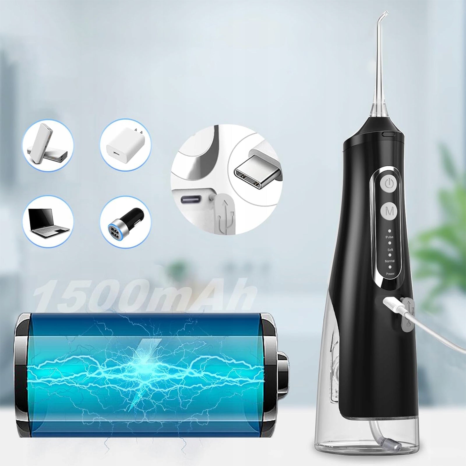 DENTAL IRRIGATOR CORDLESS DENTAL POWERFUL 4 NOZZLES 4 MODES 310ML BLACK Packaging status original