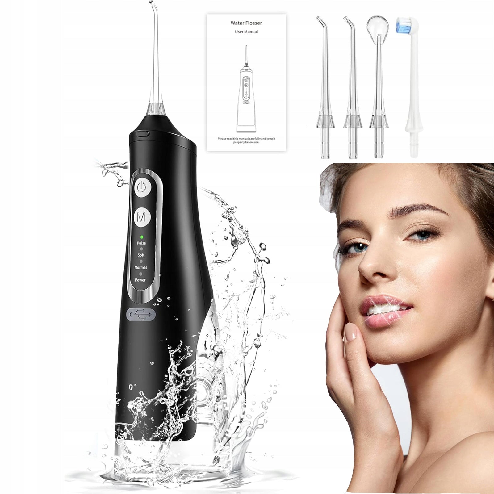 DENTAL IRRIGATOR CORDLESS DENTAL POWERFUL 4 NOZZLES 4 MODES 310ML BLACK