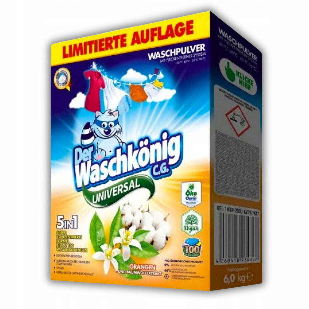 DER WASCHKONIG WASHING POWDER UNIVERSAL ORANGE/COTTON 6 KG 100 WASHES