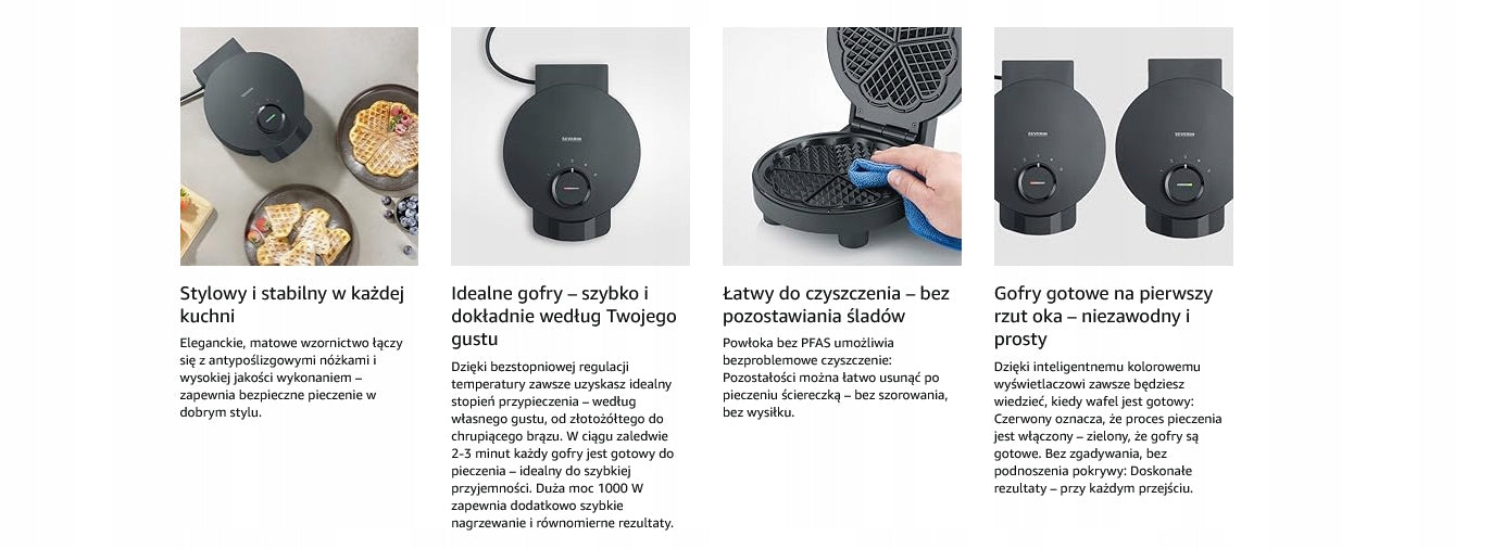 DESCRIPTION! Waffle Iron Heart 1000W Temperature Control Non-stick Severin Brand Severin