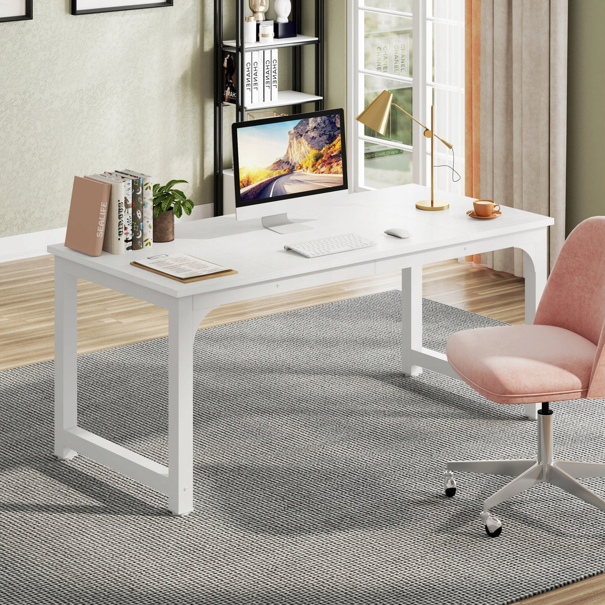 DESK COMPUTER TABLE, WRITING DESK, WHITE, 160CM