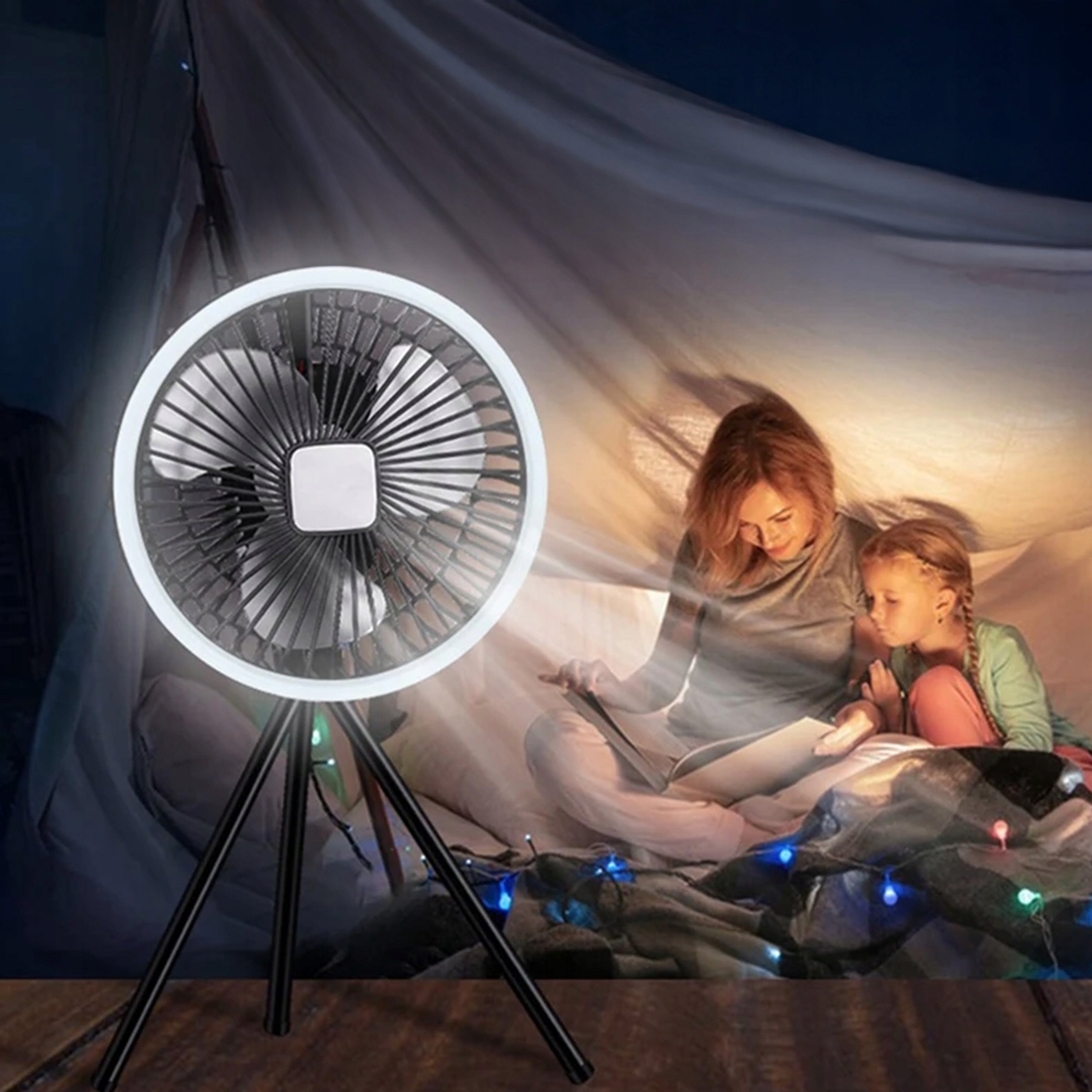 DESK FAN PORTABLE 3 GEARS QUIET BACKLIGHT STAND HANDLE Dominant color silver/gray