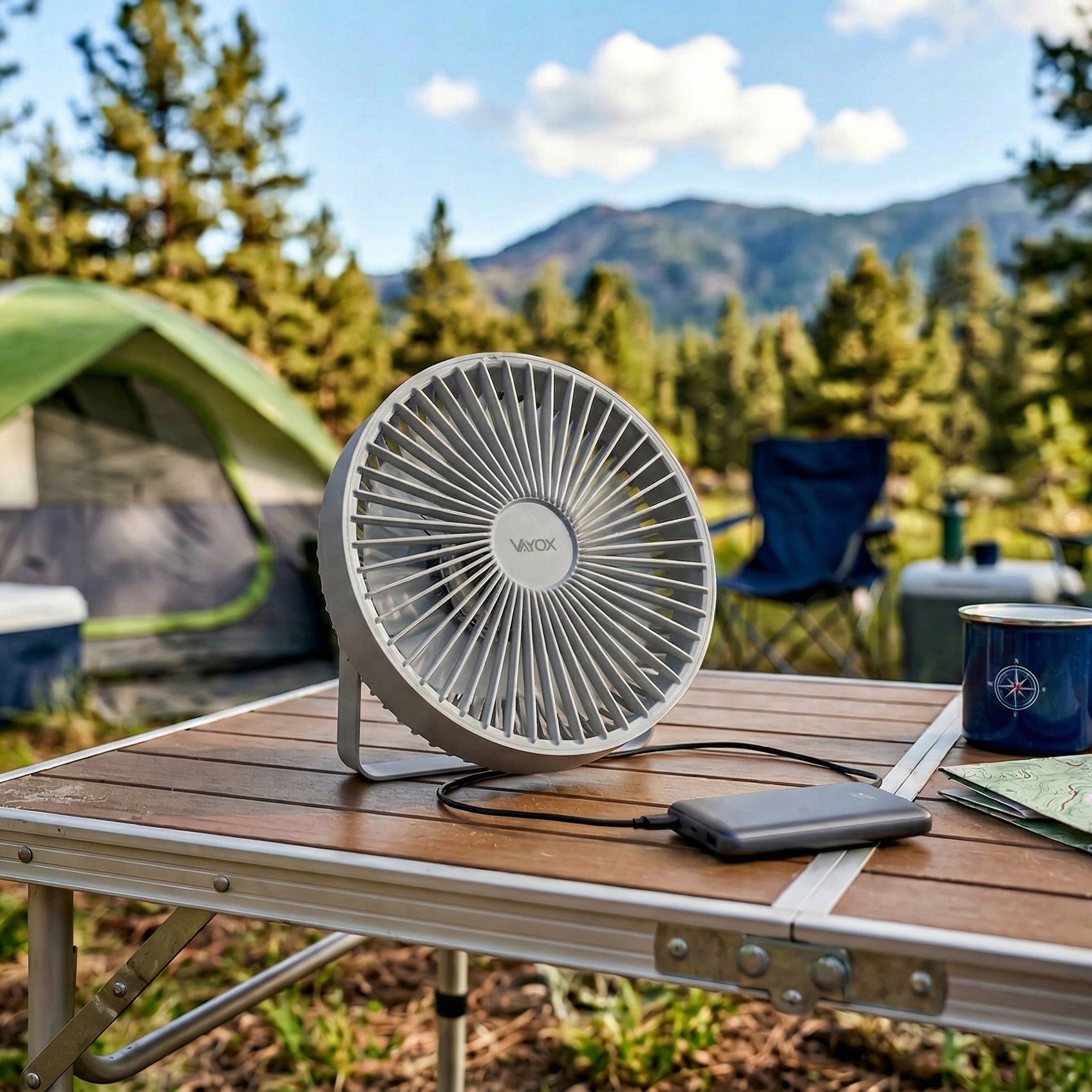 DESK FAN WIRELESS FAN STANDING PORTABLE AKU USB VAYOX Model WENTYLATOR STOŁOWY AKUMULATOROWY USB LAMPKA LED