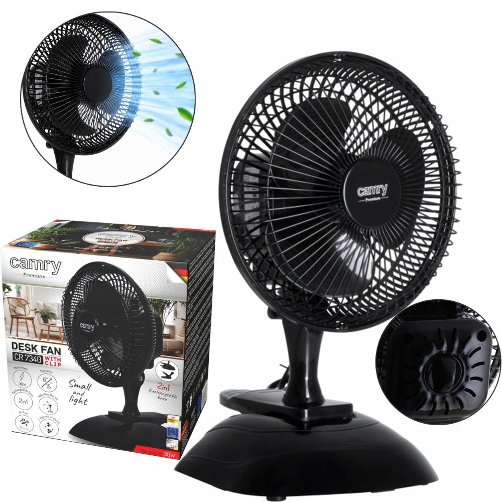 DESK FAN WITH CLIP CAMRY CR 7340 AND BASE BLACK SMALL 15cm Manufacturer code CAMRY CR 7340 I PODSTAWĄ CZARNY MAŁY 15cm