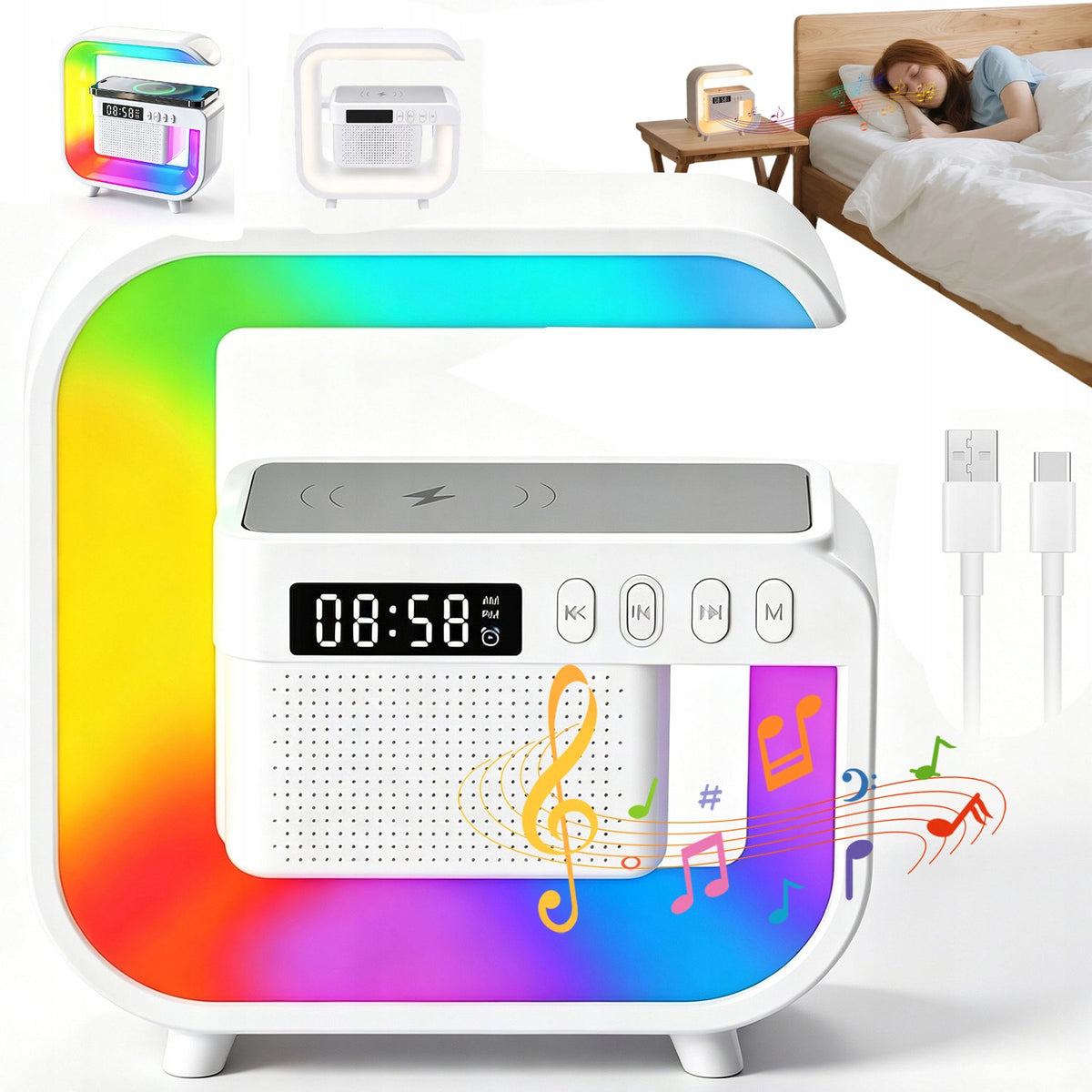 DESK LAMP LED BLUETOOTH SPEAKER INDUCTION CHARGER 15W CLOCK RGB