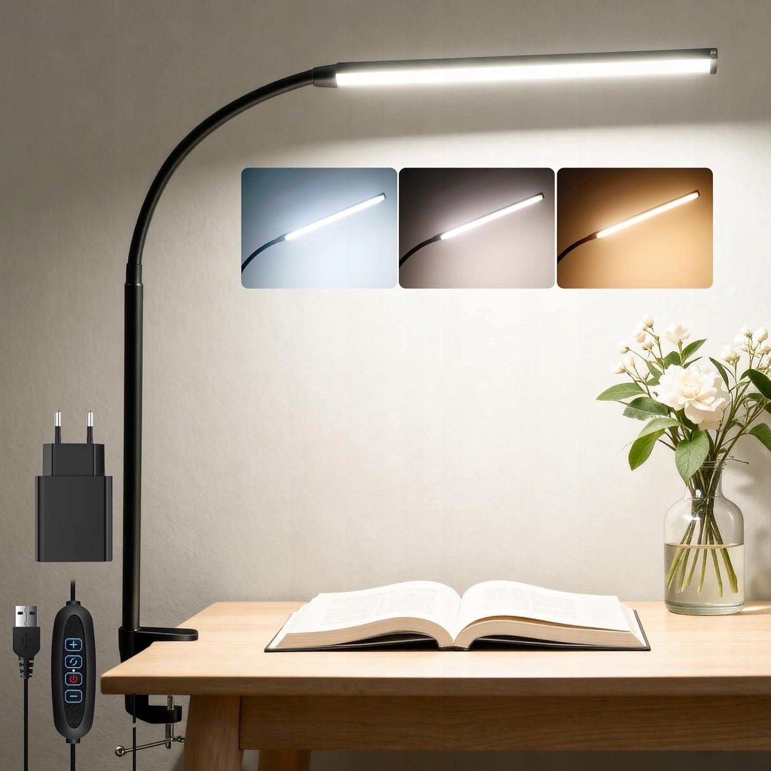DESK LAMP USB CLAMP 3 COLORS 10 INTENSITY FLEXIBLE