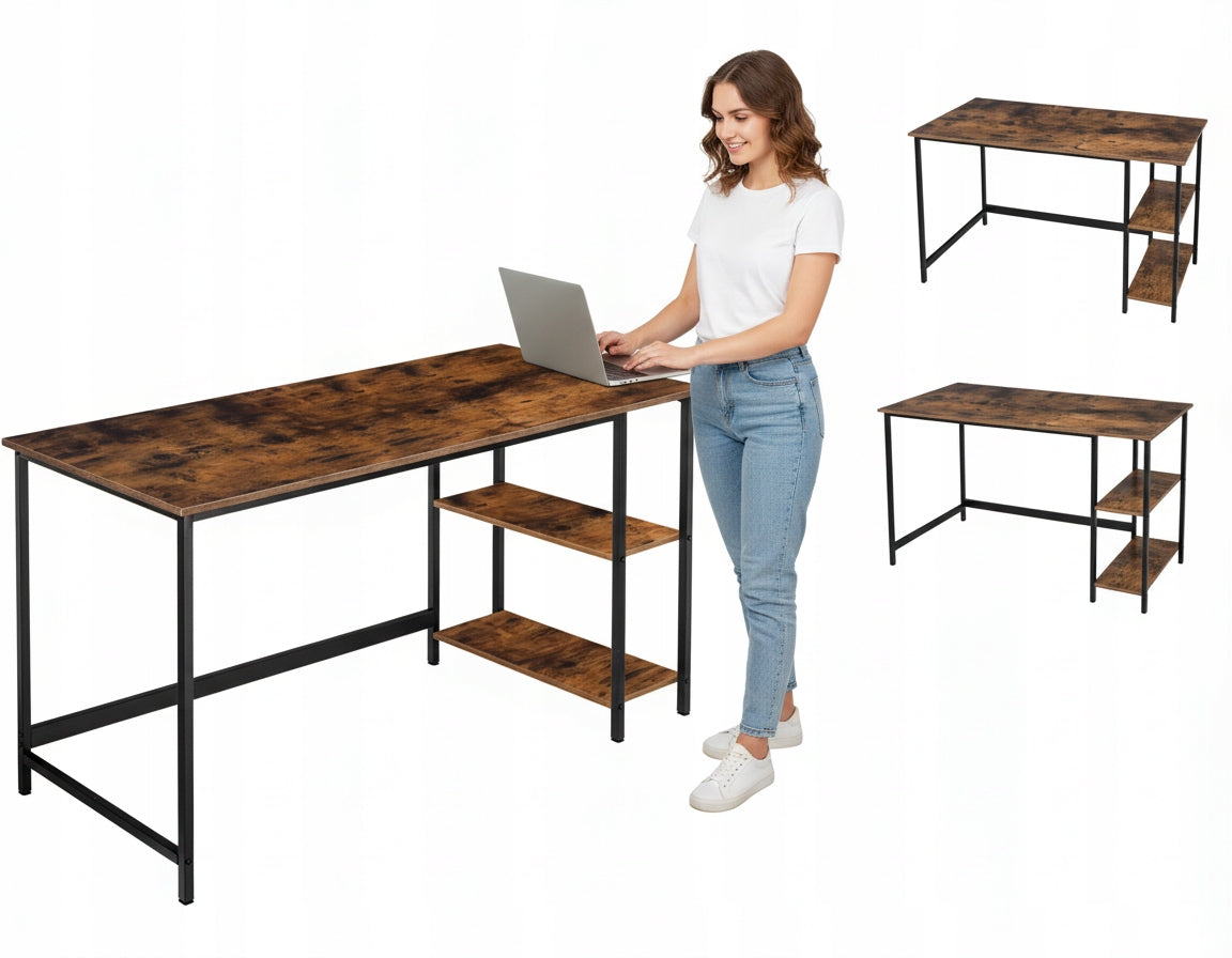 DESK LOFT TABLE 140X60CM COMPUTER FOR OFFICE WITH SHELVES RUSTIC OAK