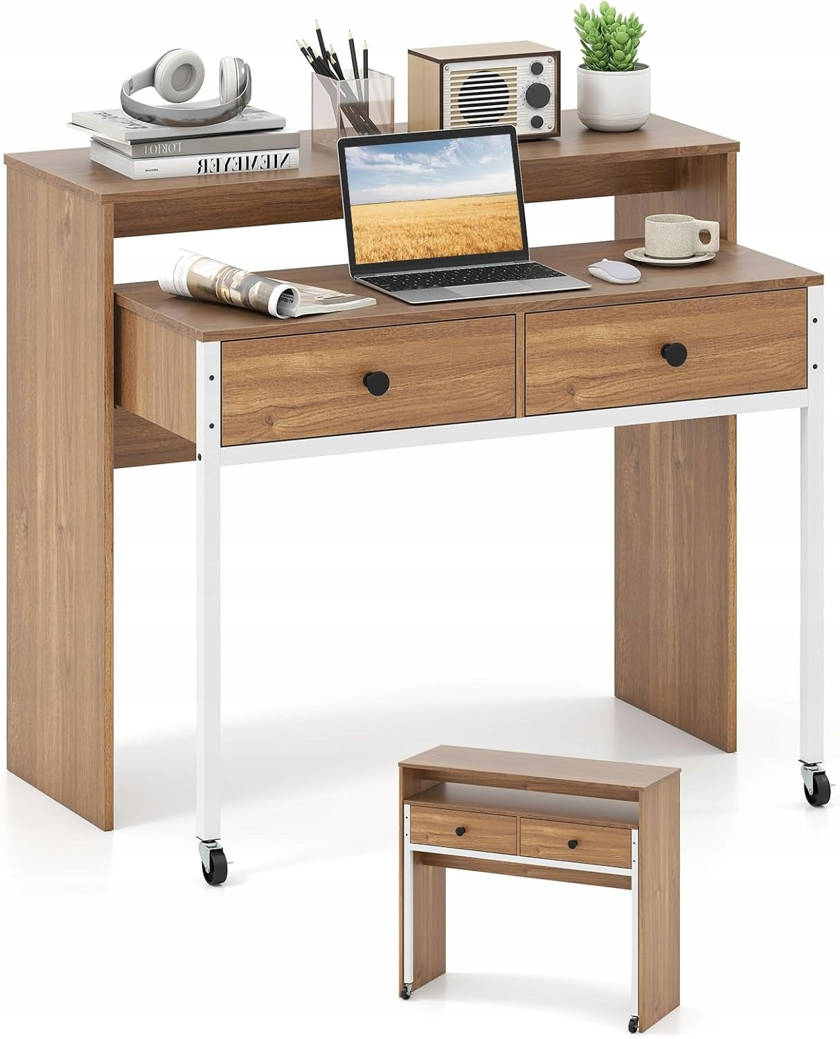 DESK SMALL RETRACTABLE ELEGANT HIGH QUALITY FOR HOME OFFICE 2 DRAWERS