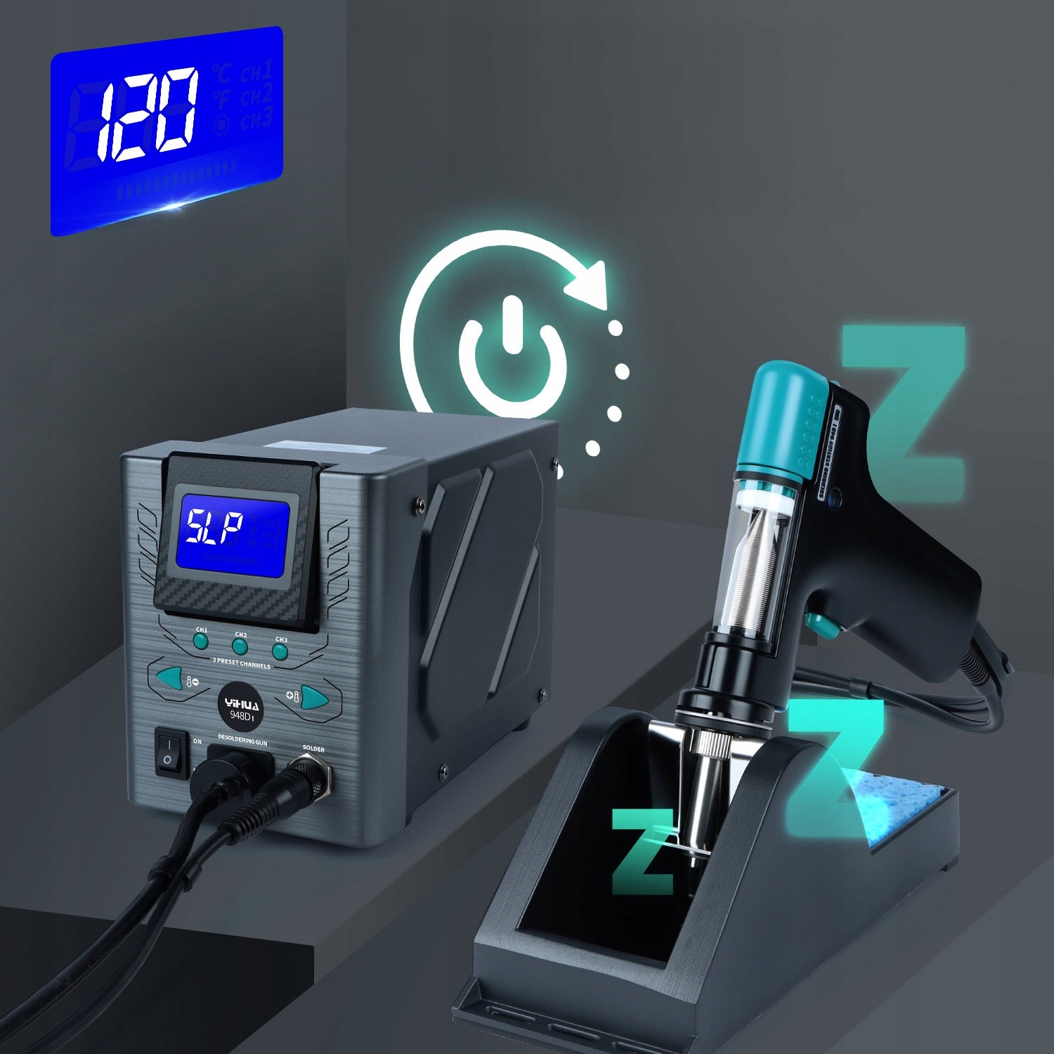 DESOLDERING STATION YIHUA 948D-I 110W LCD 3 MEMORY AUTO SLEEP CALIBRATION Batteries included no