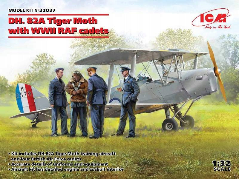 Geklebtes Modell ICM 32037 DH. 82A Tiger Moth mit RAF-Kadetten aus dem Zweiten Weltkrieg im Maßstab 1:32 