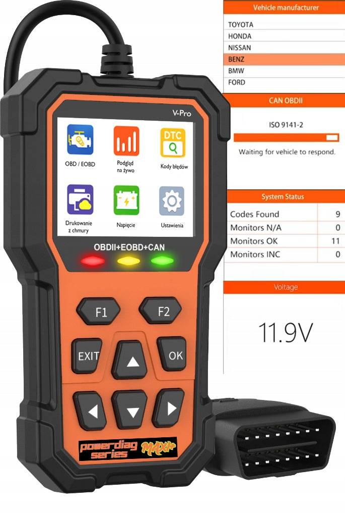 DIAGNOSTIC TESTER INTERFACE OBD2 SCANNER VEHICLES PASSENGER CARS Polish VPRO Brand POWERDIAG MAXI +