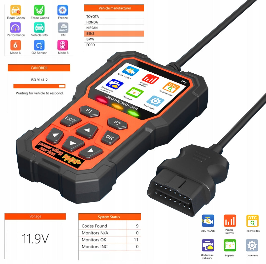 DIAGNOSTIC TESTER INTERFACE OBD2 SCANNER VEHICLES PASSENGER CARS Polish VPRO Manufacturer code V-Pro