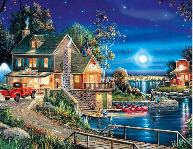 Diamantmosaik Haus bei Nacht, 40x30 cm 