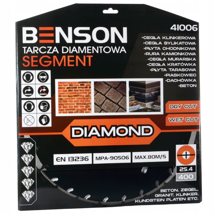 DIAMOND BLADE BENSON 400X10X25,4 SEGMENT Purpose concrete aerated concrete bricks stone cement slabs