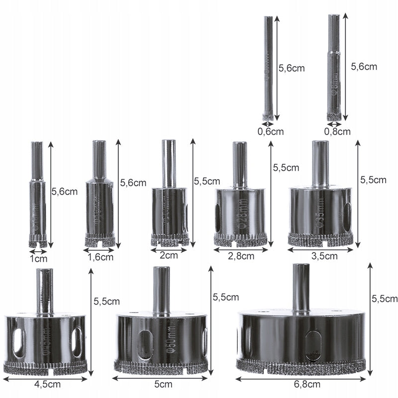 DIAMOND HOLE SAW FOR STONEWARE GLASS TILES DRILL BITS 6-68 mm SET OF 10 PCS. Diameter 68 mm