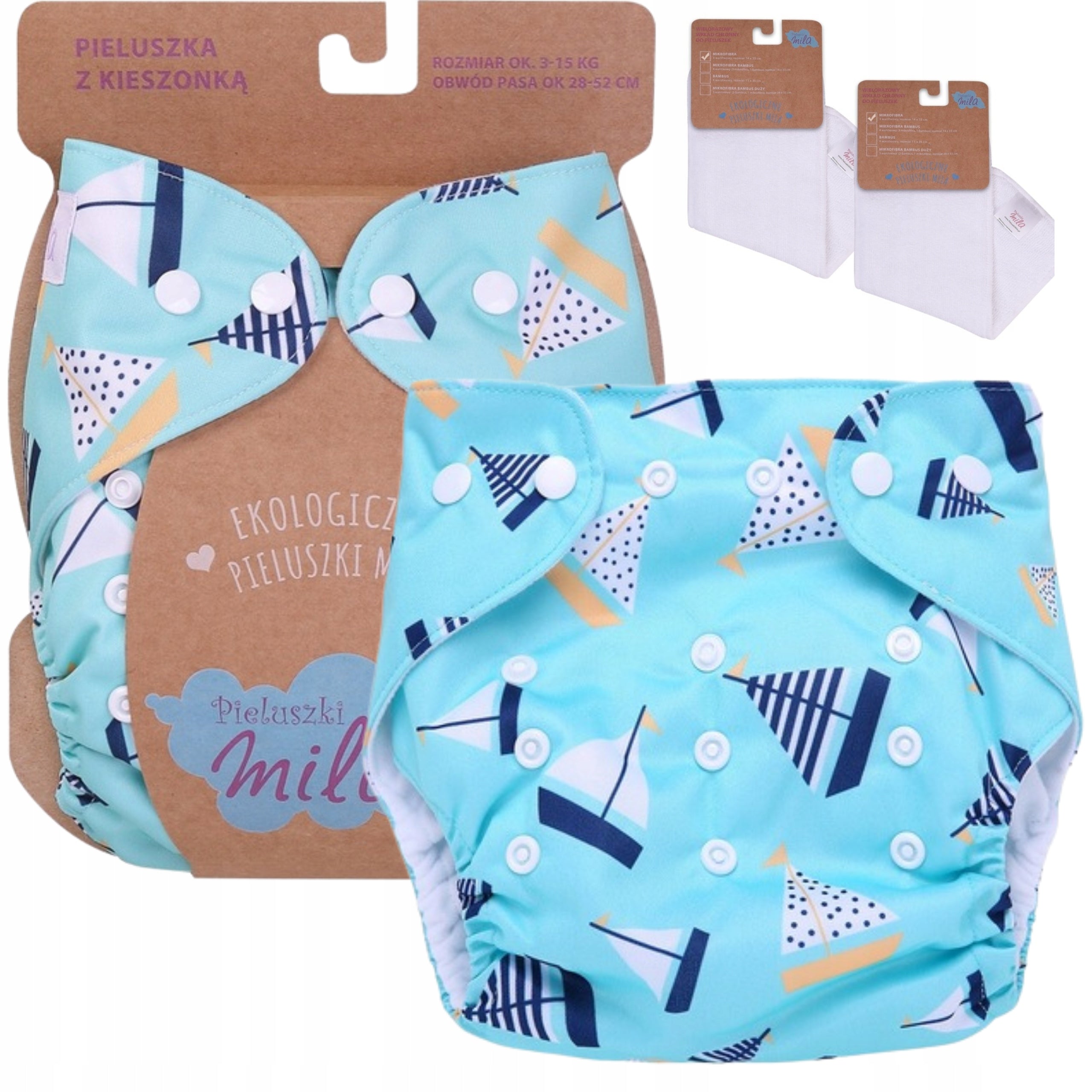 DIAPER Reusable Mile with Pocket + 2 CARTRIDGES BLUE BOATS SAILBOAT