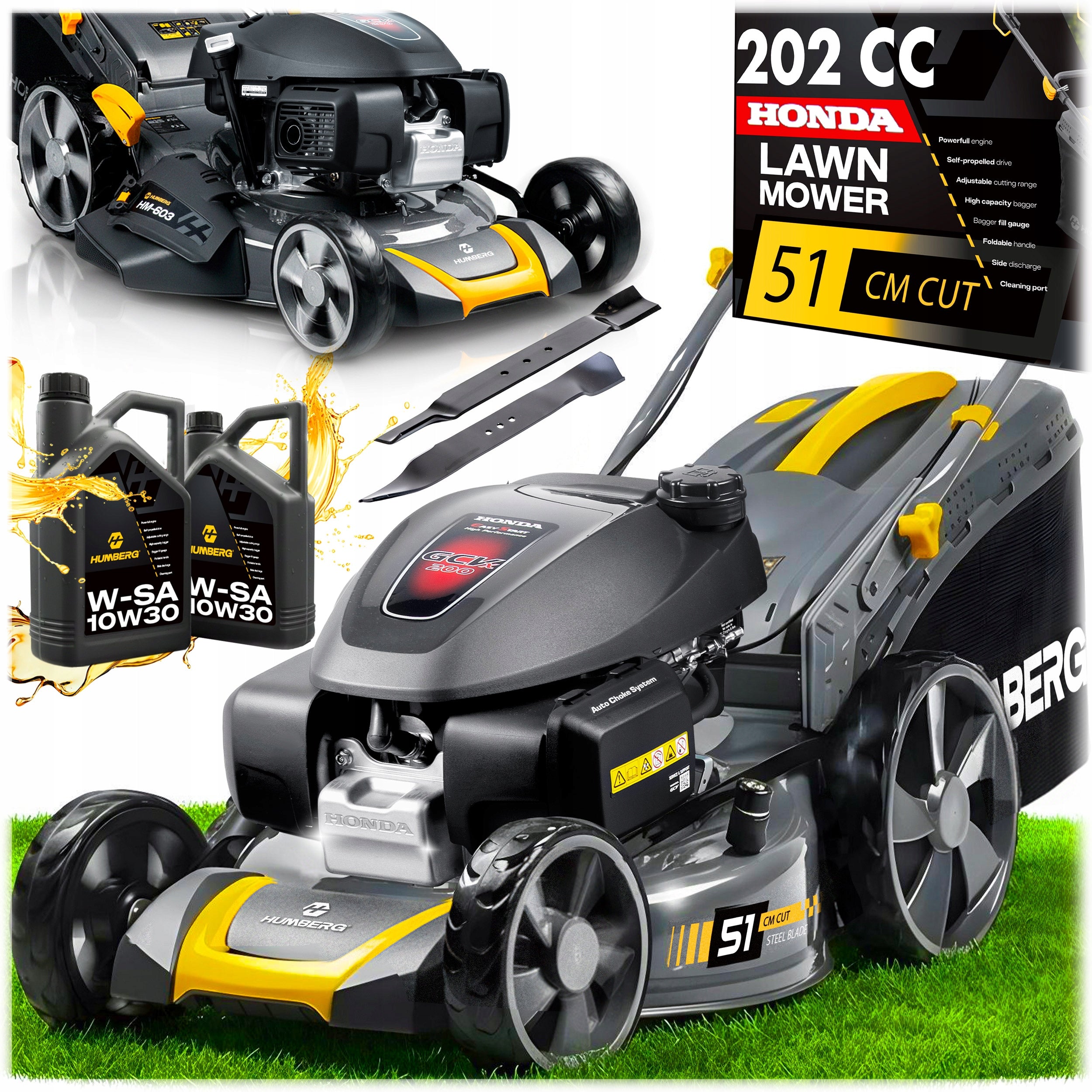 DIESEL MOWER WITH DRIVE HONDA 5,7KM 51cm BASKET 70L 202cc HUMBERG + OIL