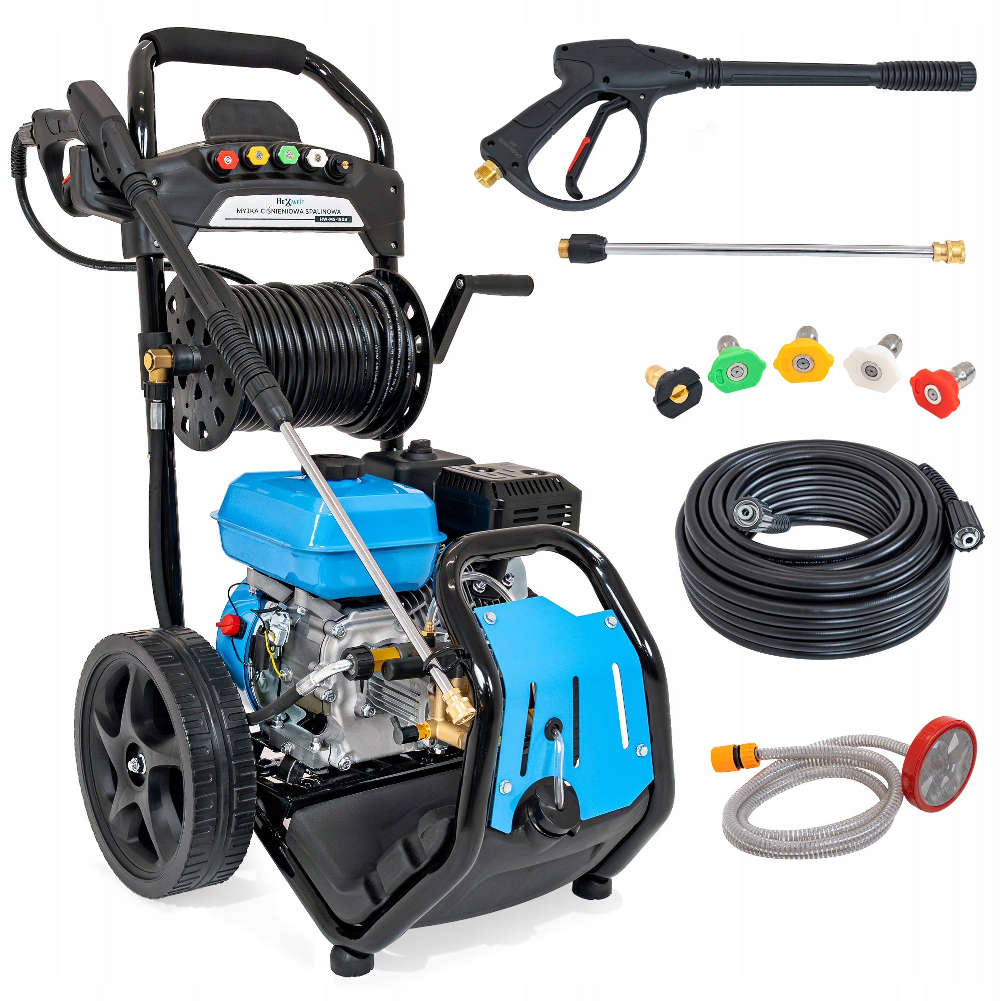 DIESEL PRESSURE WASHER HEXWELT 180 BAR 7 KM HOSE 20M TANK 5 NOZZLES