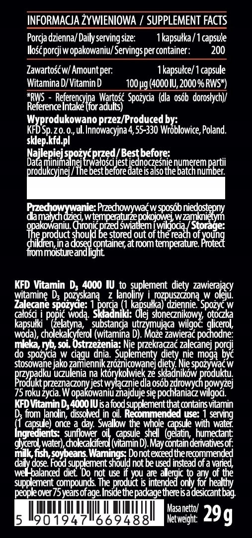 DIETARY SUPPLEMENT KFD Vitamin D3 4000 IU ON THE BONE JOINTS POWER 200 CAPS Packaging status original