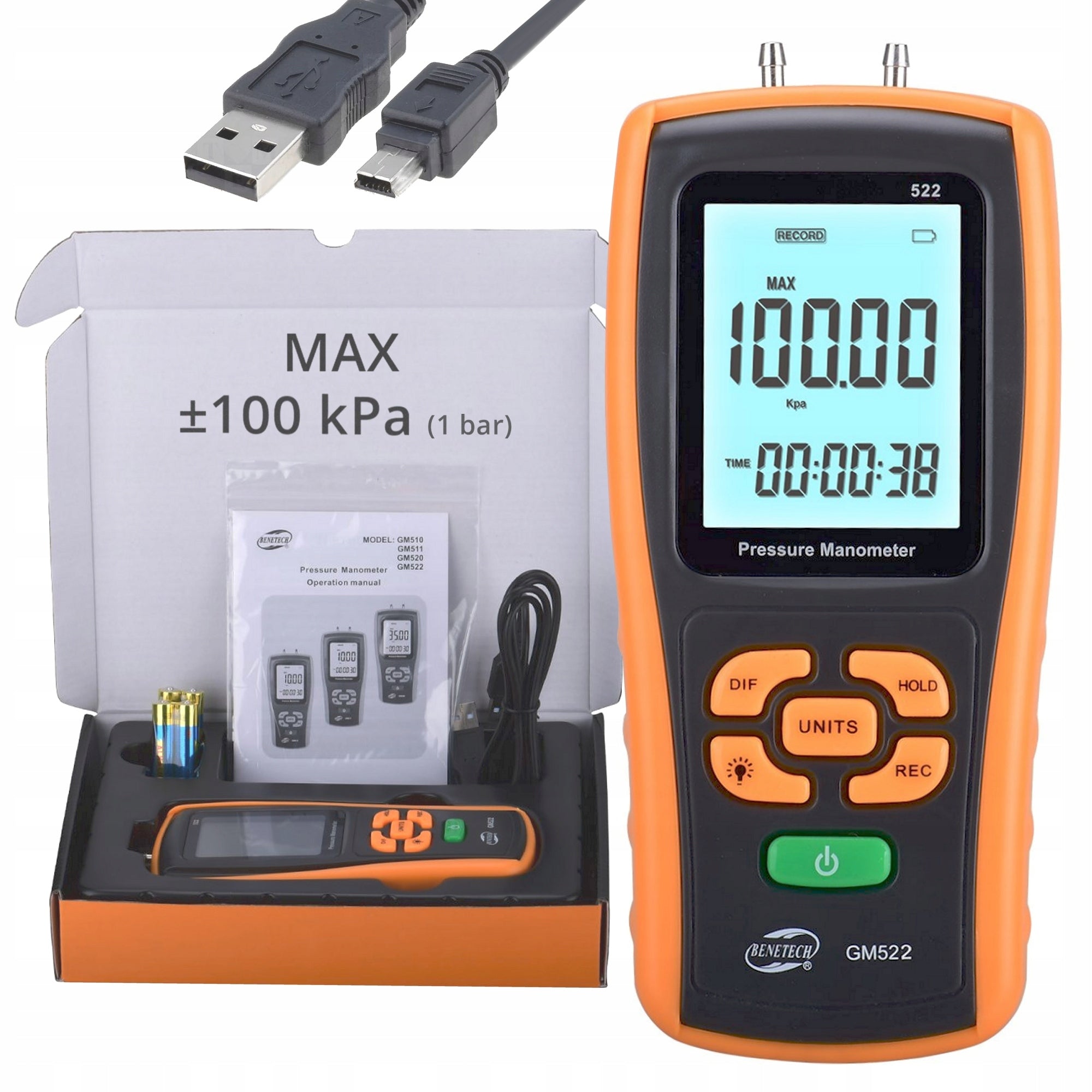 DIFFERENTIAL PRESSURE GAUGE DIGITAL PRESSURE TESTER VACUUM USB 1 BAR