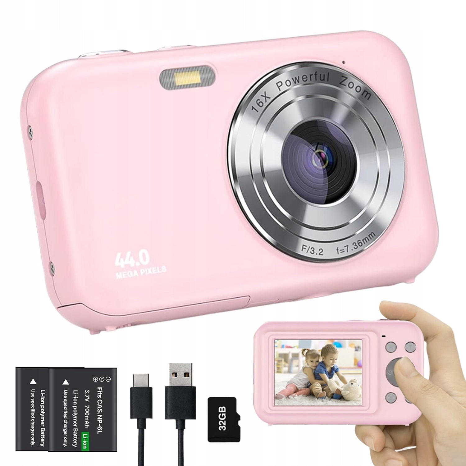 DIGITAL CAMERA 1080P 44MP CARD 32GB LIGHT AND PORTABLE PINK