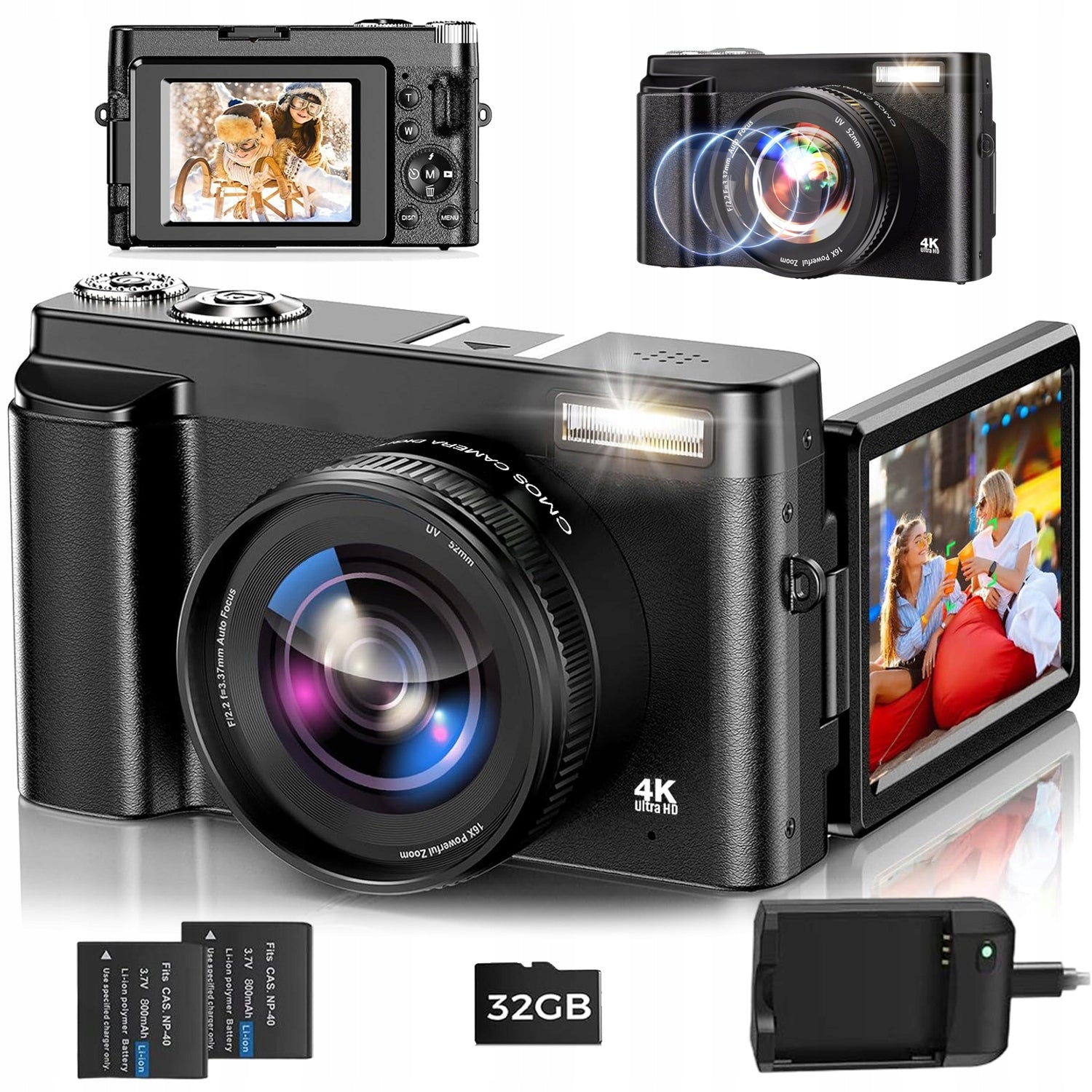 DIGITAL CAMERA 48MP 16X ZOOM 3 INCH LCD ROTATING 2 BATTERIES WIFI CARD 32GB