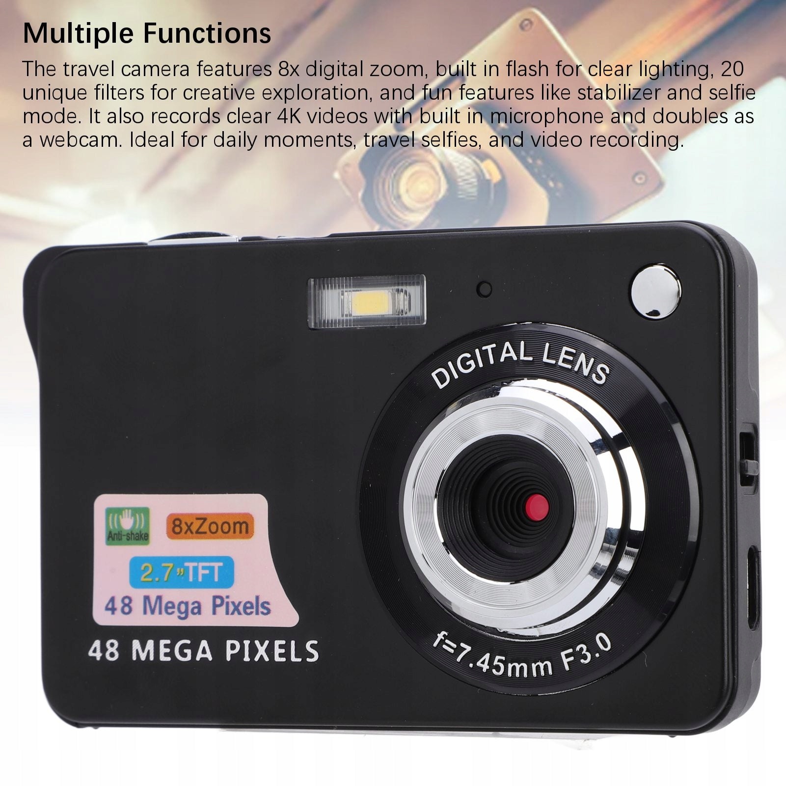 DIGITAL CAMERA 48MP 4K 8X ZOOM 20 FILTERS 2,7 INCH ANTI BN SCREEN Model 2555TLBB