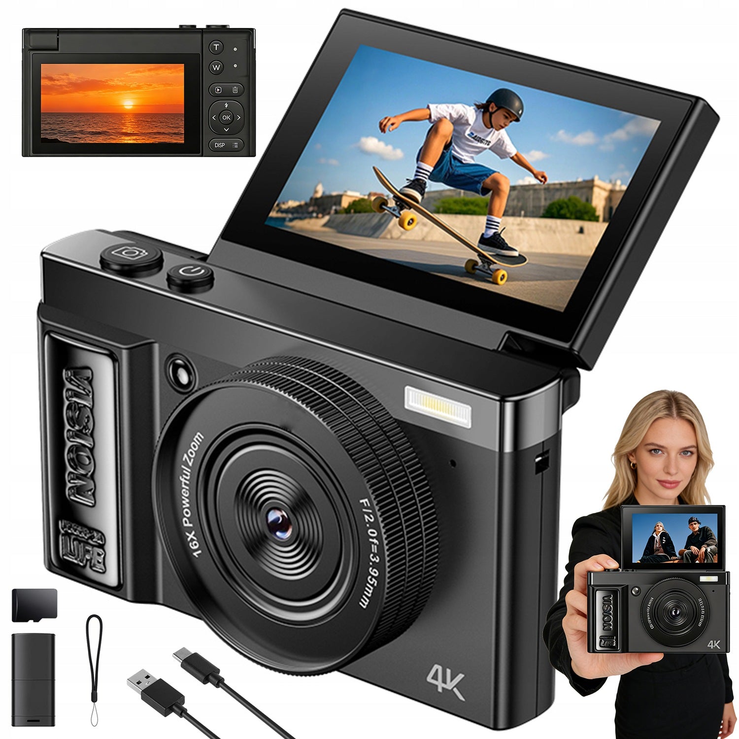 DIGITAL CAMERA 4K 64MP ROTATING SCREEN 180° ZOOM 16X VLOG YOUTUBE CARD 32GB