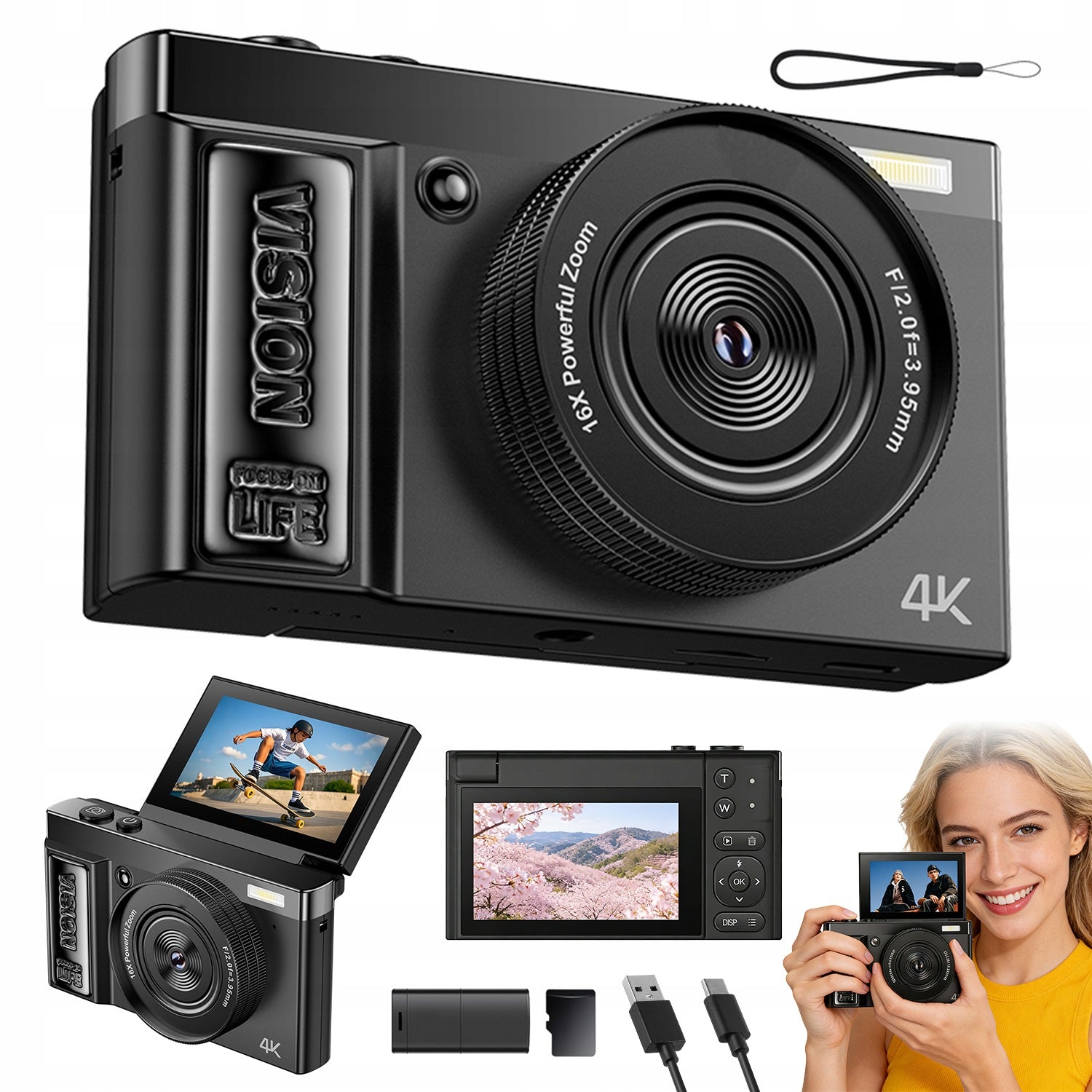 DIGITAL CAMERA 4K 64MP SCREEN 180° ZOOM 16X FUNCTION WEBCAM GIFT FOR CHILDREN