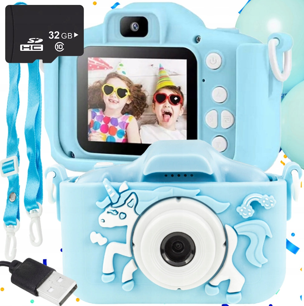 DIGITAL CAMERA CHILDREN Photo BLUE UNICORN + CARD 32GB