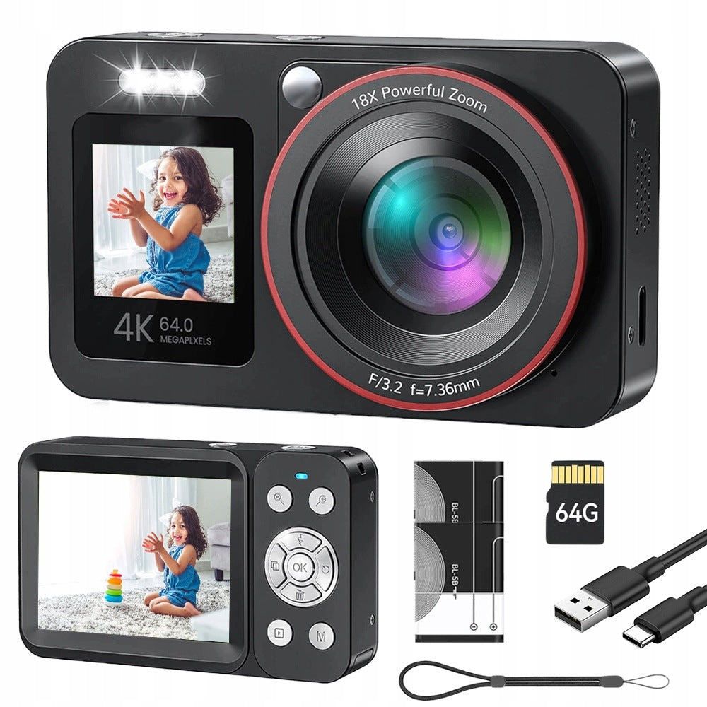 DIGITAL CAMERA DEATTI 4K 64MP DUAL SCREEN 18X DIGITAL ZOOM 64GB