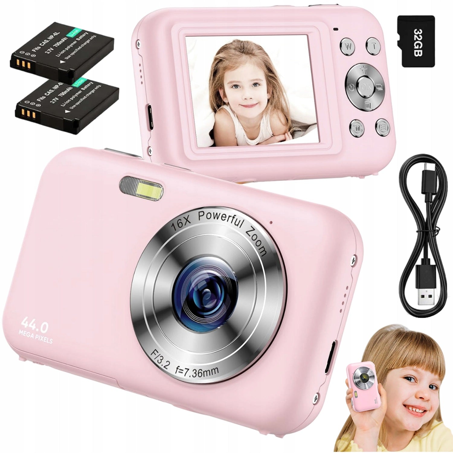 DIGITAL CAMERA FOR CHILDREN 1080P ZOOM 16X CARD 32GB DURABLE BATTERIES