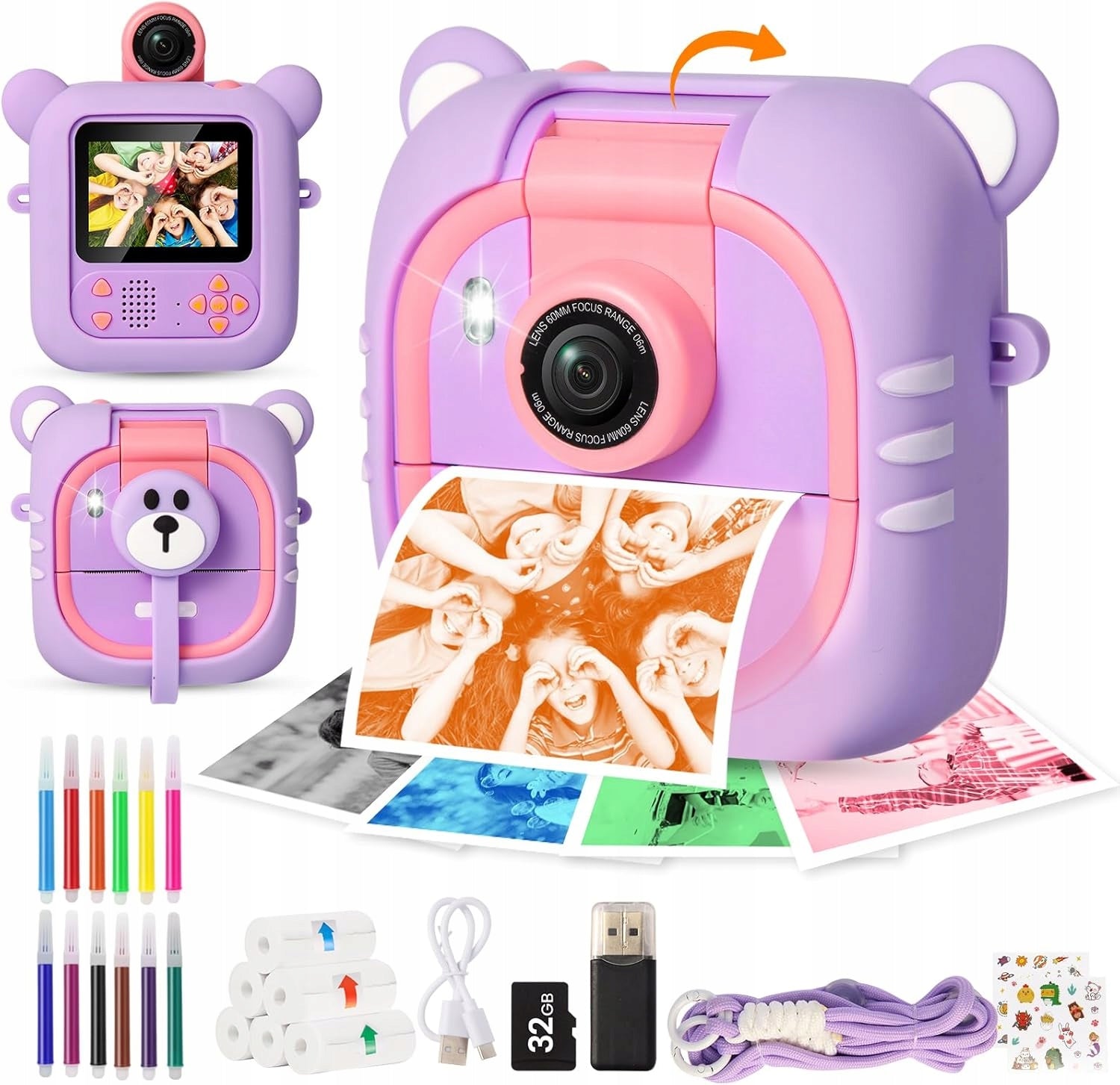 DIGITAL CAMERA FOR CHILDREN SET OF 7 PAPERS 2,4'' LENS 180° & 32GB