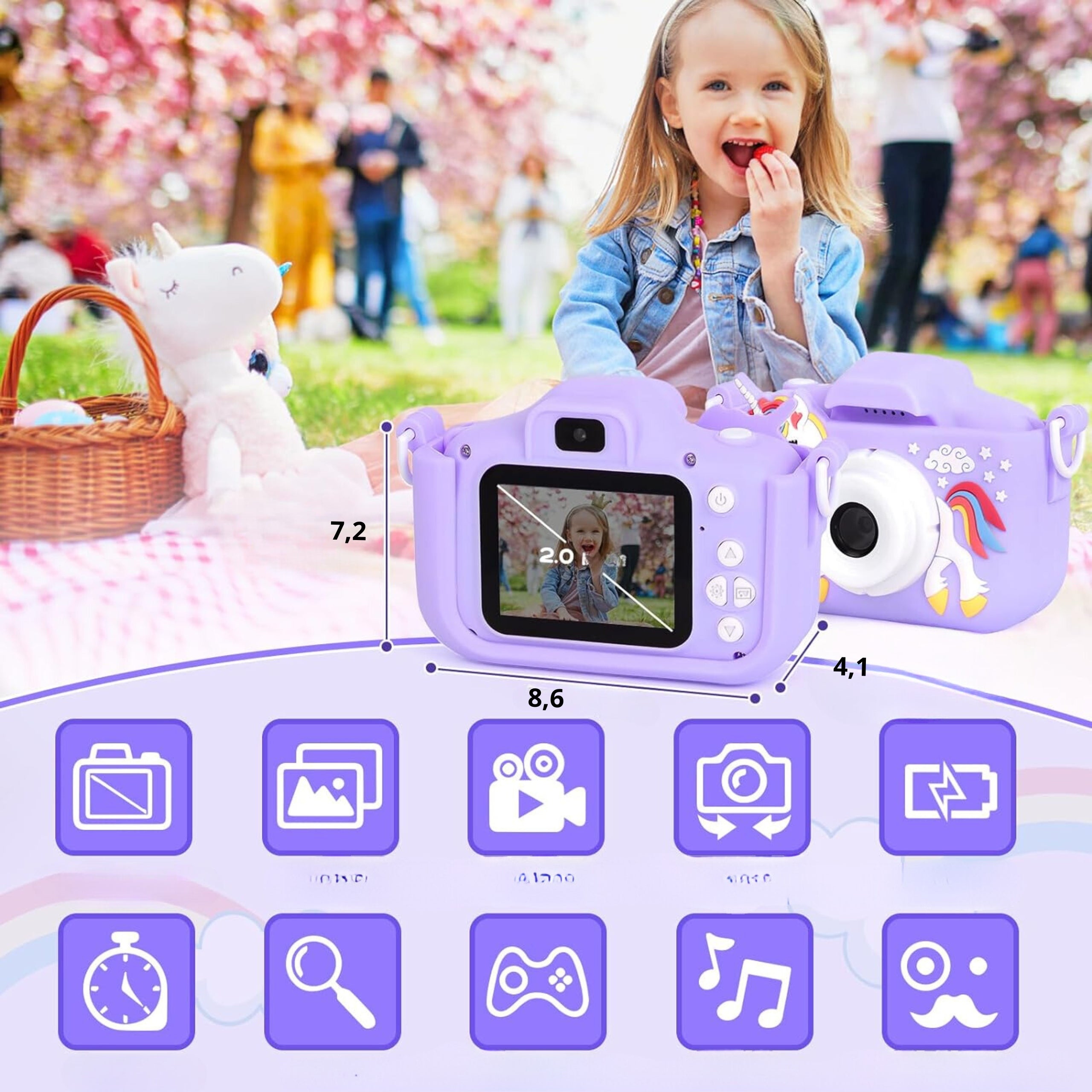 DIGITAL CAMERA FOR CHILDREN UNICORN 48Mpx SELFIE CAMERA+CARD 32GB MENU PL Batteries included yes