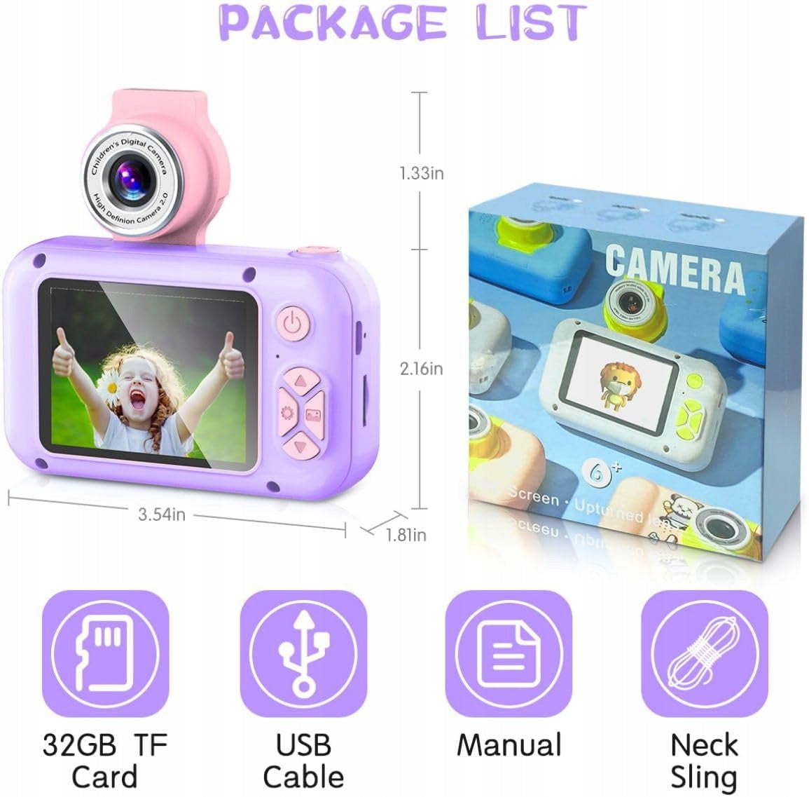 DIGITAL CAMERA FOR GIRLS 2,4 INCH SCREEN 32GB PERFECT GIFT PURPLE EAN (GTIN) 0099183689911