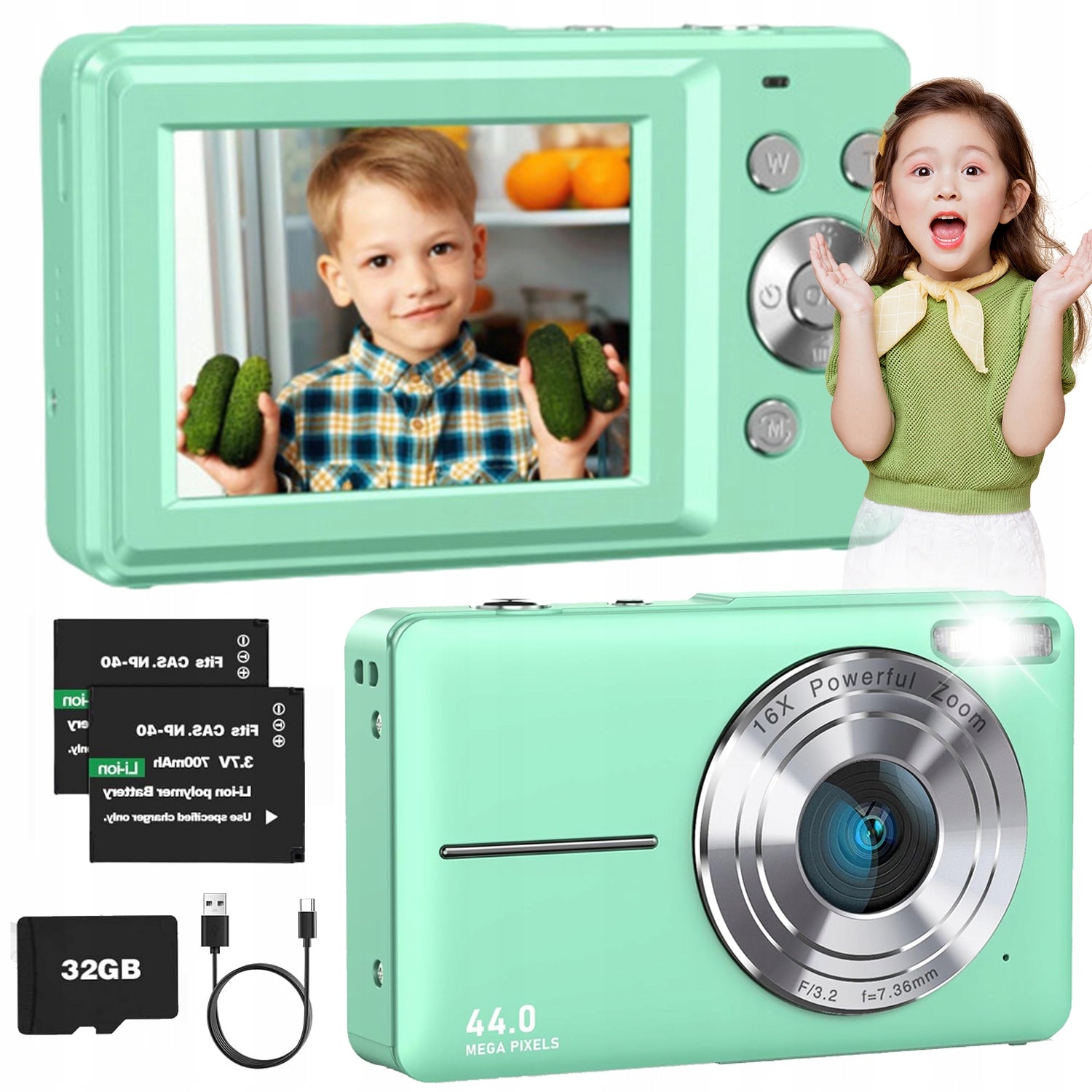 DIGITAL CAMERA HD 1080P 44MP ZOOM 16X GREEN +32GB CARD